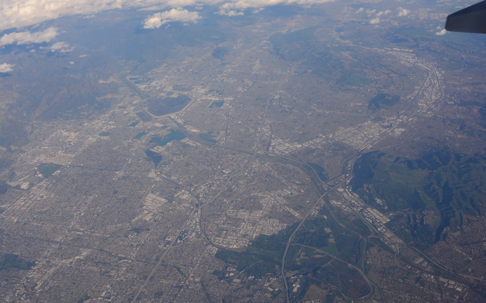 Aerial view of industrial area showing manufacturing facilities and warehouses in Southeast Los Angeles County